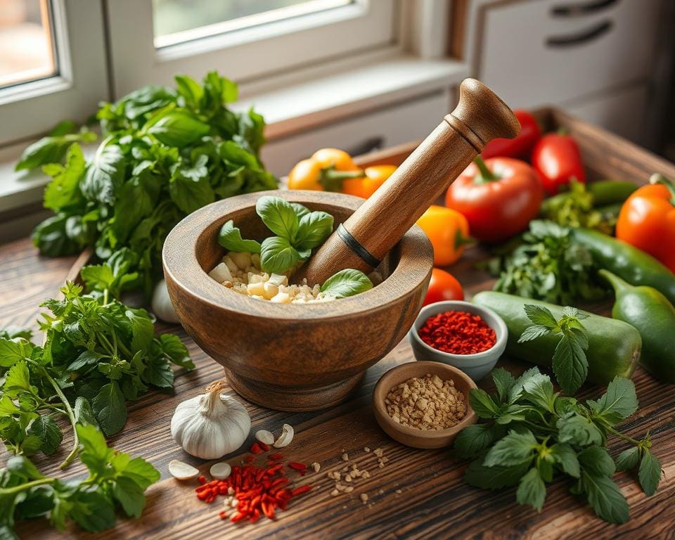 koken met mortel en vijzel